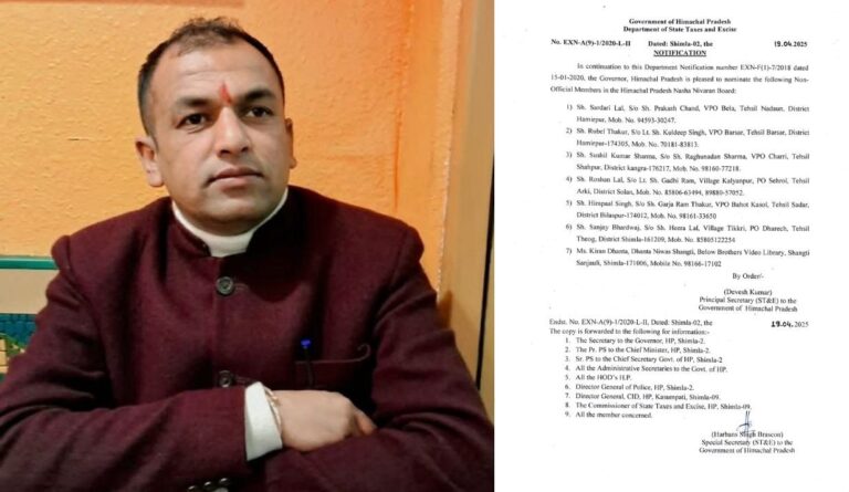 Himachal: हिमाचल नशा निवारण बोर्ड में नए गैर सरकारी सदस्यों की नियुक्ति, संजय भारद्वाज सहित 7 चेहरे शामिल