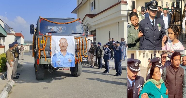 Kangra: दुबई एयर शो हादसे में शहीद विंग कमांडर नमांश स्याल का पार्थिव शरीर गग्गल एयरपोर्ट पहुंचा