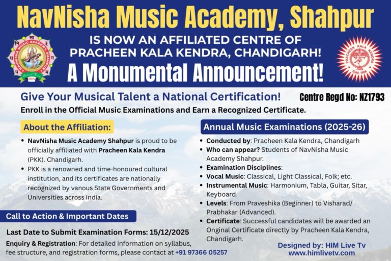 Kangra: शाहपुर को कला शिक्षा की बड़ी सौगात, नवनिशा म्यूजिक एकेडमी को प्राचीन कला केंद्र चंडीगढ़ से मिली मान्यता