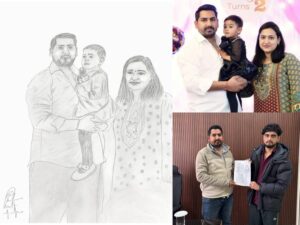 Kangra: द्रोणाचार्य कॉलेज रैत के छात्र रोनित ने शिवहिम ग्रुप के चेयरमैन बृज शर्मा का परिवार सहित बनाया शानदार पेंसिल स्केच