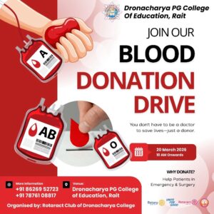 Kangra: द्रोणाचार्य पीजी कॉलेज, रैत में “रक्त महादान” रक्तदान शिविर का आयोजन