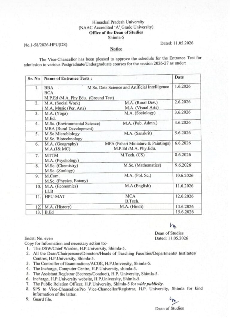 HPU Entrance Exam Schedule 2026 Out! देखें PG और UG कोर्सेज की पूरी डेटशीट, कब होगा आपका पेपर?