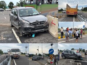 Kangra: शाहपुर में बड़ा सड़क हादसा: लदवाड़ा में बैरिकेड्स से टकराए ट्राला और कार, सभी सुरक्षित