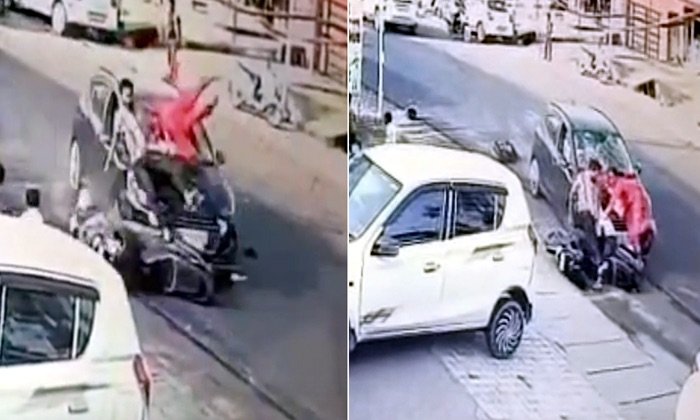 अंब में स्कूटी और कार की जोरदार टक्कर, हवा में उछलकर बोनट पर गिरे दंपति और 7 साल का बेटा; बच्चा गंभीर घायल