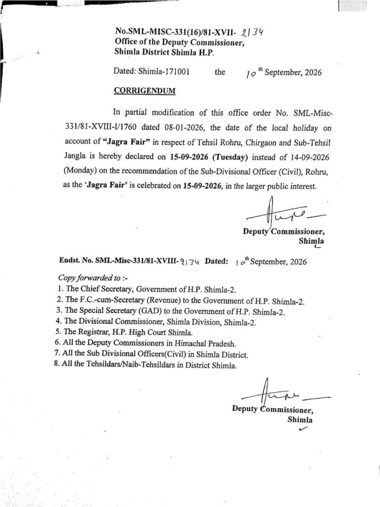 जागरा मेले की छुट्टी की तारीख बदली, अब 15 सितंबर को रहेगा स्थानीय अवकाश; इन क्षेत्रों में लागू होगा आदेश
